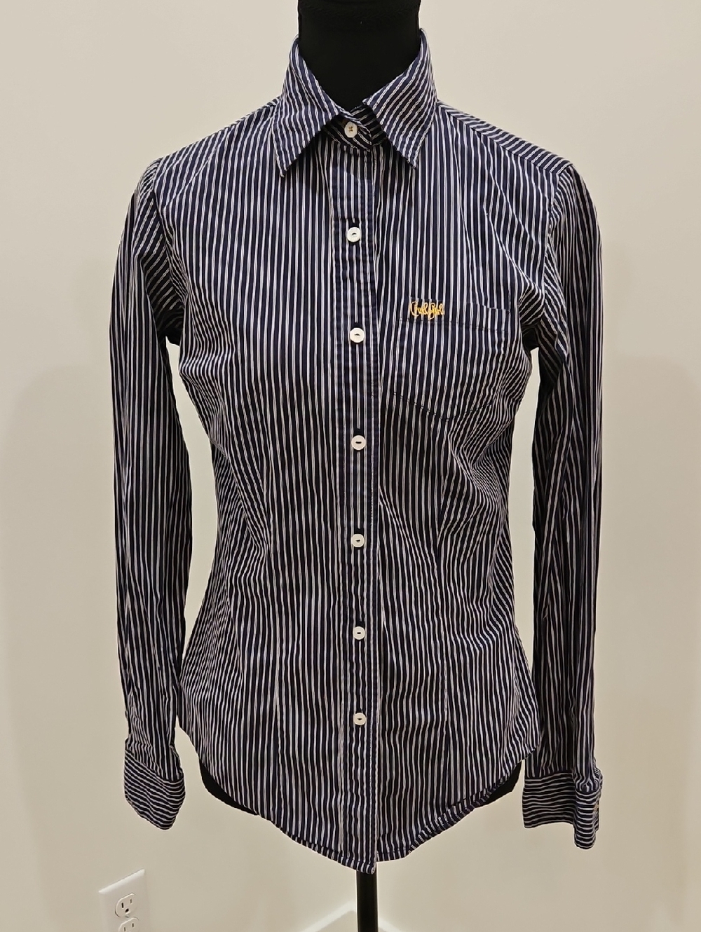 Cruel Girl Navy and White Striped Button-Up Shirt. Size S